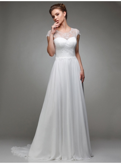 Elegant wedding dress with short lace sleeves and simple chiffon skirt