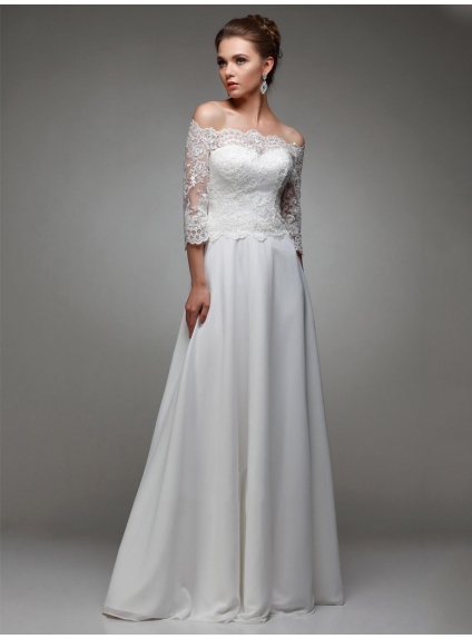Off the shoulder neck wedding dress with laced top and short sleeves