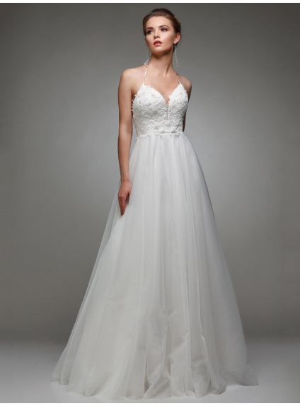 Fine lace and tulle low cut wedding dress