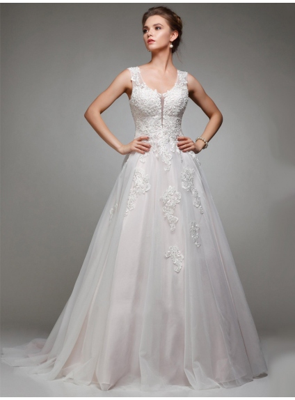 Classical wedding gown with white and pink skirt