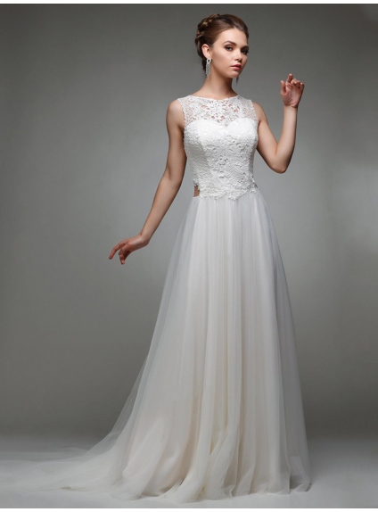 Online wedding dress with lace top and tulle simple skirt