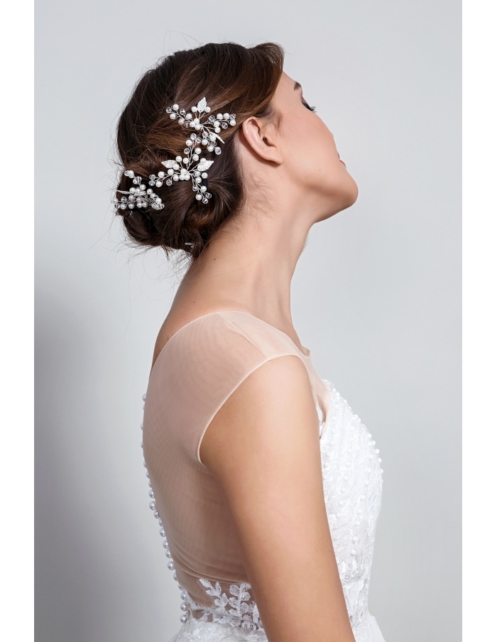 Silver Alloy leaf and pearls hair vine