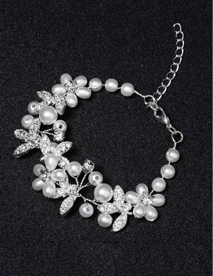 Bracciale polso sposa regolabile con perle e foglie argento