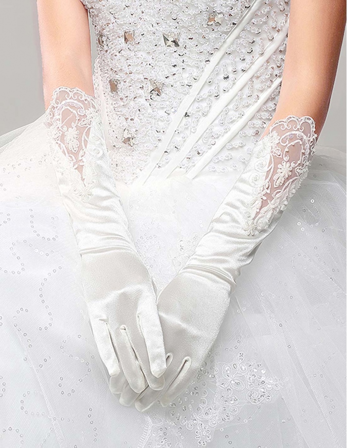 Satin Lace flowers Elbow length White Wedding gloves