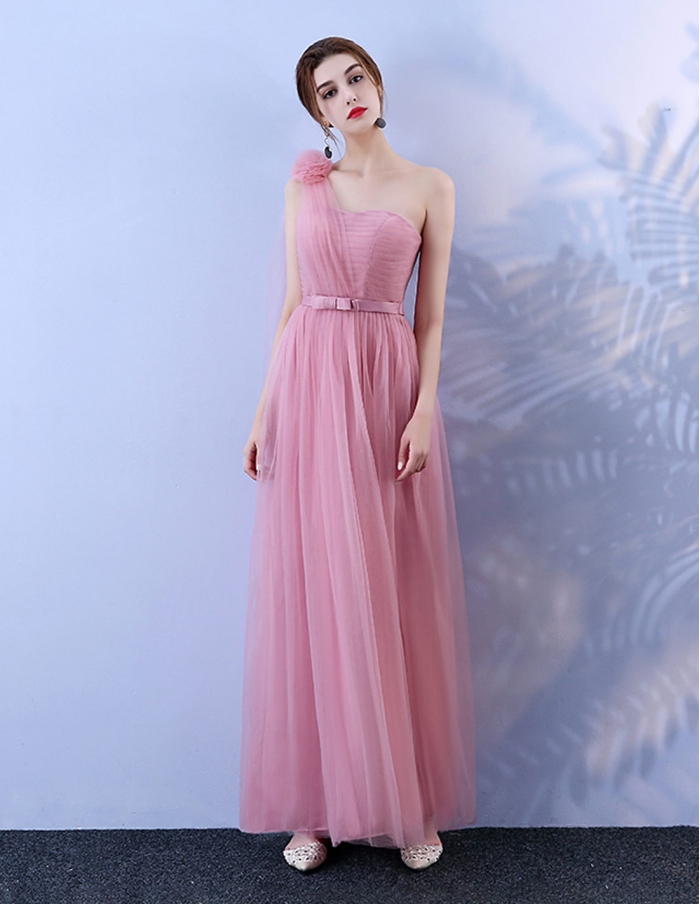 A-line Floor length Tulle One shoulder Wedding Party Dress