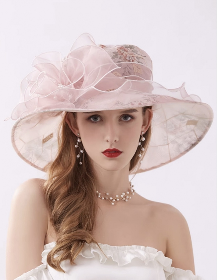 Cappello cerimonia donna rosa con fiocco e stampa a fiori