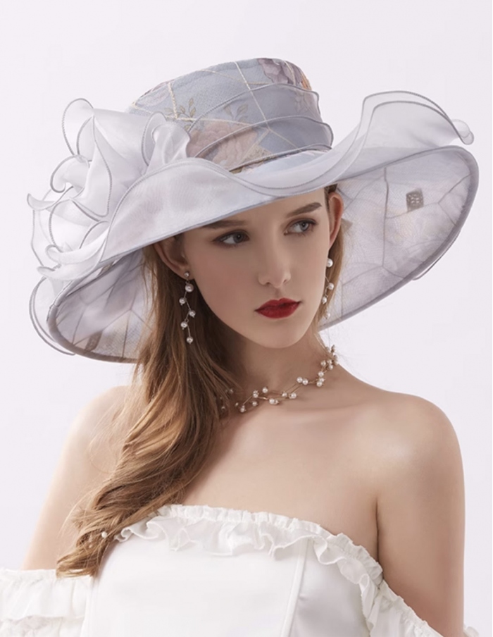 Cappello cerimonia donna argento con fiocco e stampa a fiori