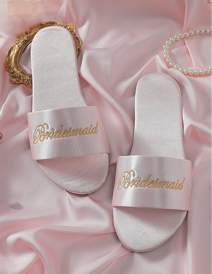 Bridesmaid wedding slippers with gold embroidery
