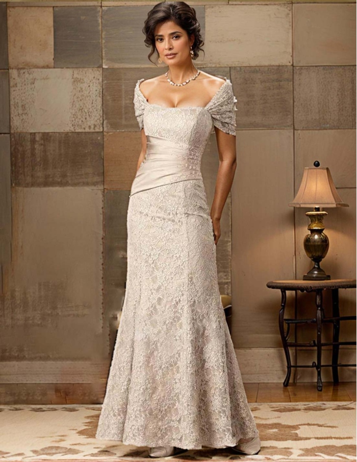 LARA - Mother of the bride Sheath Floor length Satin Lace flowers Square neck Wedding party dress