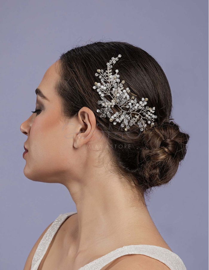 Flexible bridal hairpin adorned with silver beads and rhinestones