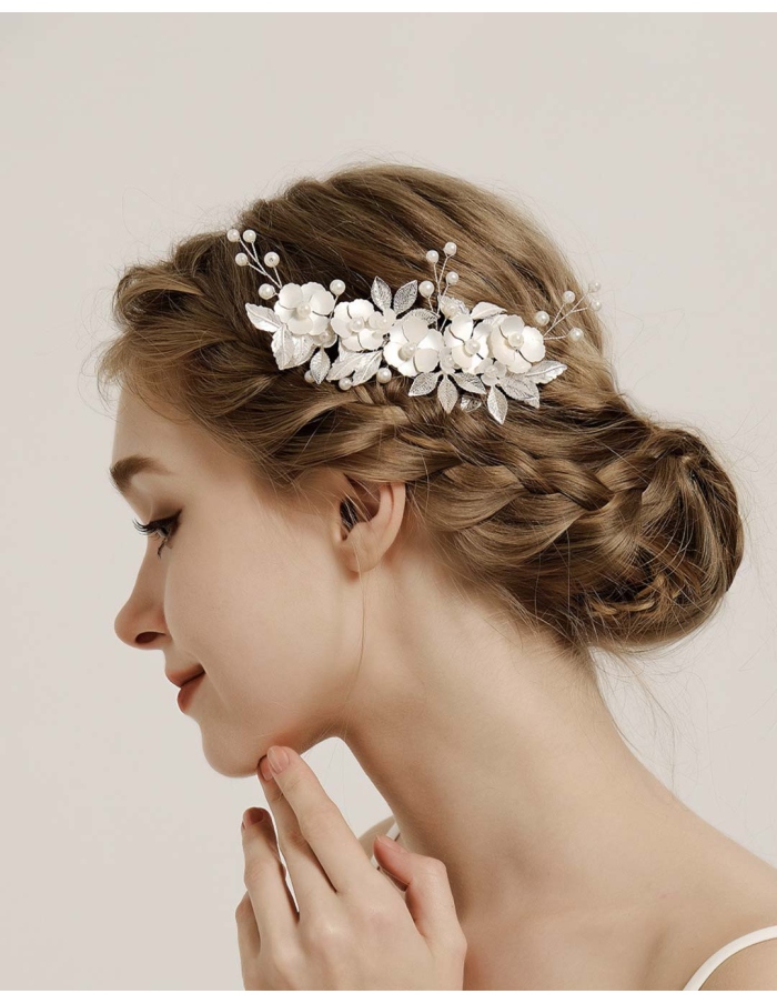 Pettinino sposa argento con foglie e fiori in metallo e perline avorio