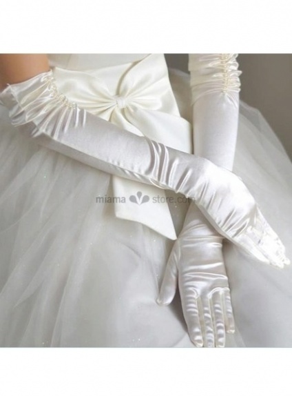 Satin Lace flowers Opera length Ivory Wedding gloves