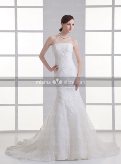 AUDREY - A-line Strapless Mermaid Chapel train Tulle Weeding dress