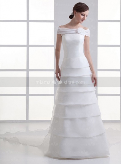 ALYS - A-line Off the shoulder Cheap Watteau train Organza Low round/Scooped neck Weeding dress